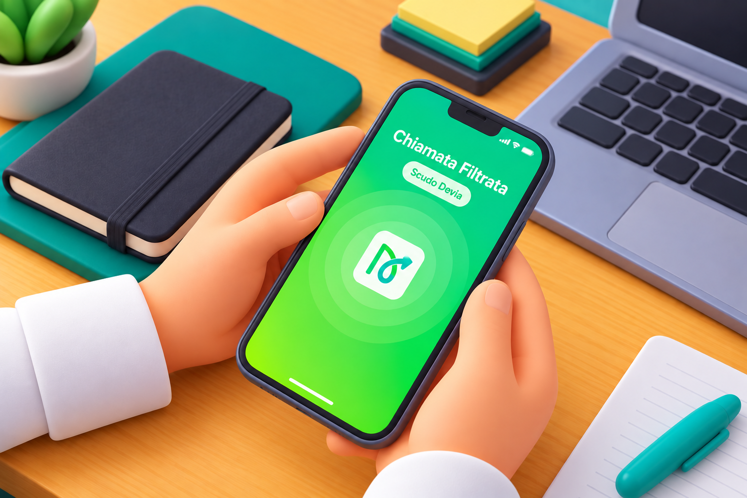 Mani che tengono uno smartphone con una chiamata filtrata da Devia